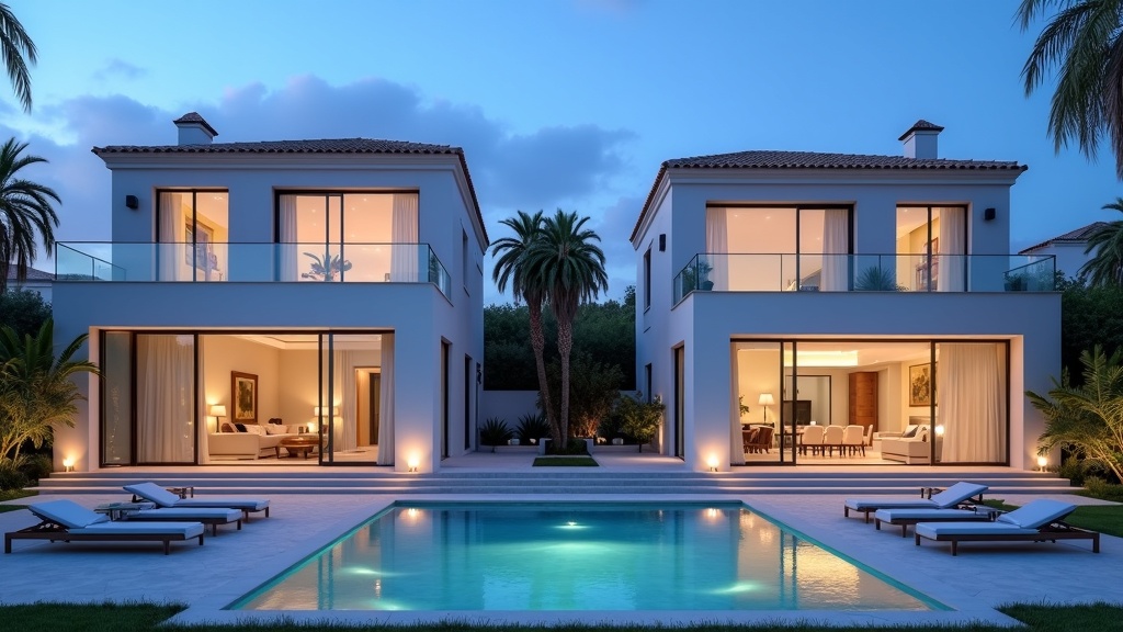 Side-by-side comparison of Mijas, Benalmádena, Torremolinos real estate near Málaga Airport, contrasting Andalusian architecture, interiors, and price points at blue hour.
