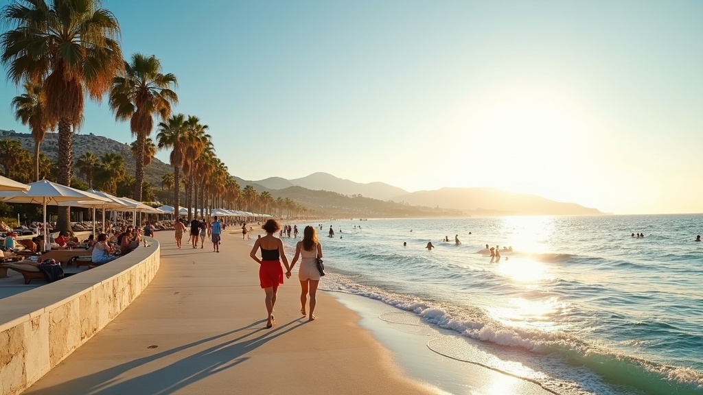 Middelhavsklima Costa del Sol: Solfylt strandpromenade med palm trær, folk, og havet – inspirasjon til helse og velvære.