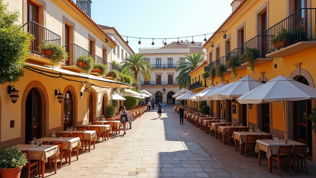 Mild vinter varm sommer Costa del Sol: Charming plaza, outdoor dining, vibrant utendørsliv året rundt.