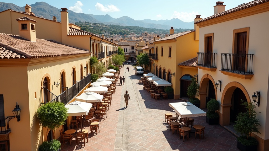 Inspiring life in a Spanish holiday home Costa del Sol: Charming plaza, traditional architecture, outdoor dining, soft light.