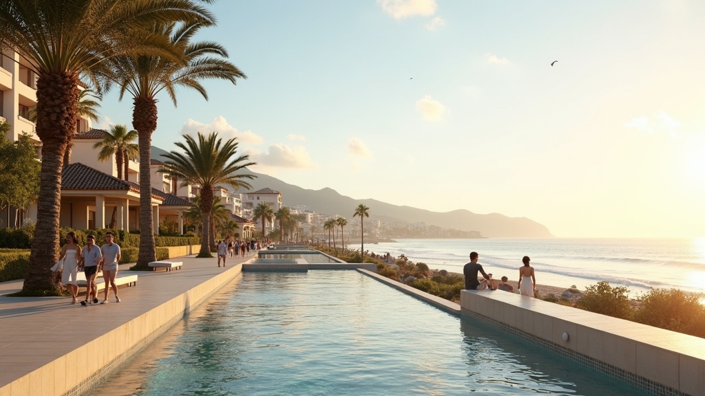 Kystbyer med havudsigt Costa del Sol: Morgenstemning med palmer, strandpromenade og Middelhavet. Oplev kystlivet!