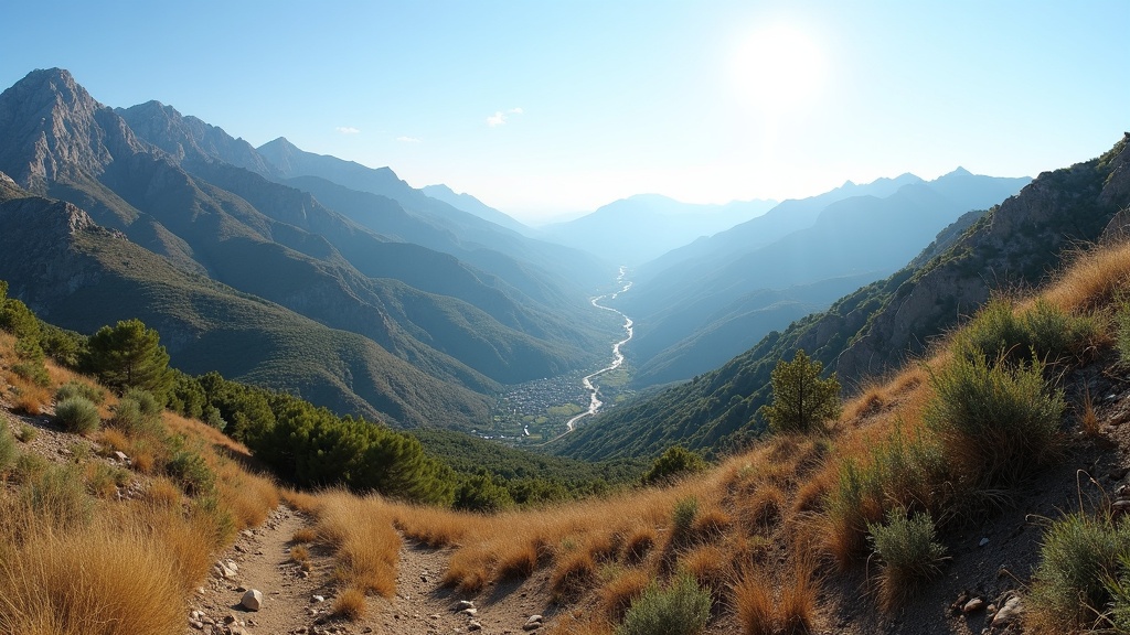 Panoramaudsigt Costa del Sol: Mountain view, nature trails, and a vibrant outdoor lifestyle under the midday sun.