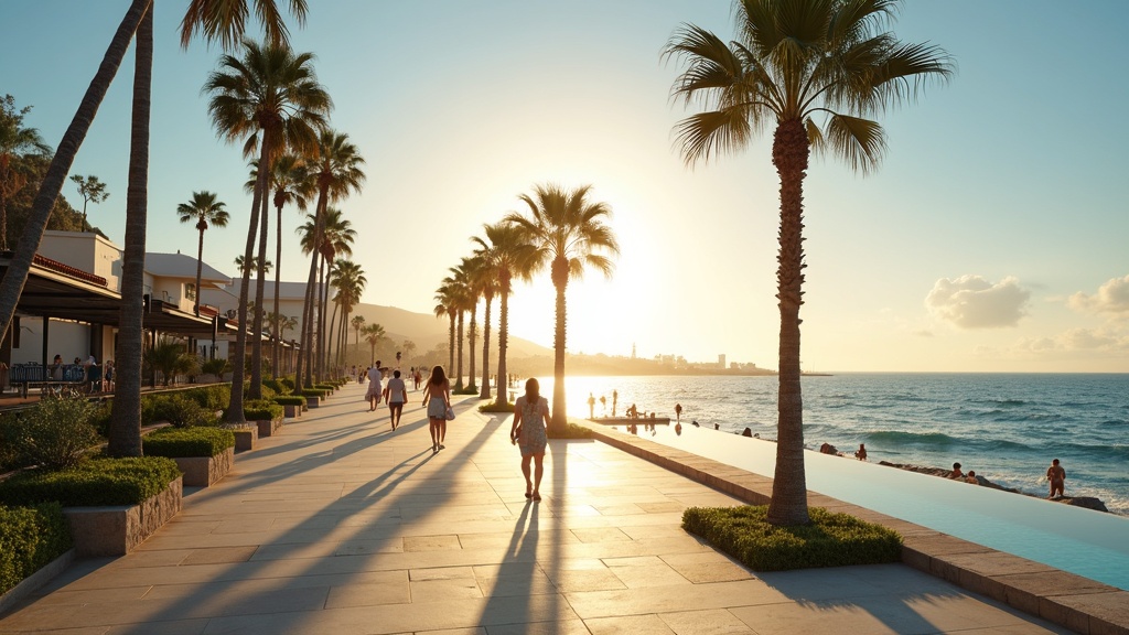 Słoneczny klimat Andaluzji: ludzie spacerujący palmową promenadą Costa del Sol o poranku.