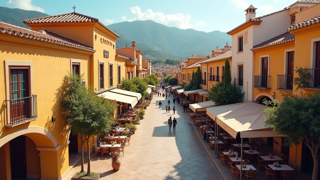 Zima Costa del Sol: charming plaza, outdoor dining, and a warm, inviting atmosphere perfect for an escape.