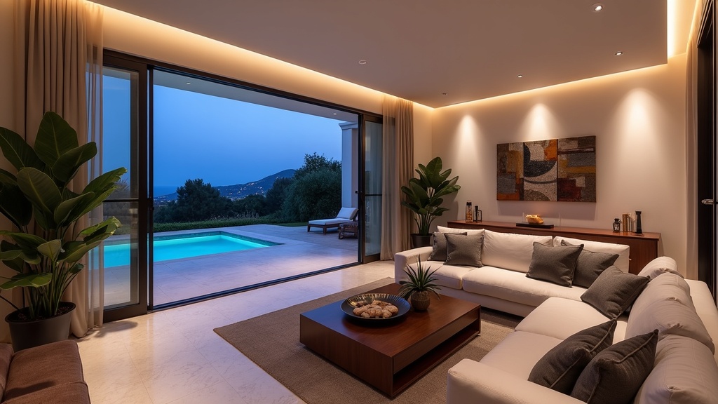 Marbella pogoda Estepona klimat: Luksusowy salon w willi w Marbelli, wieczorne światło, hiszpański design, komfortowe zimowanie.