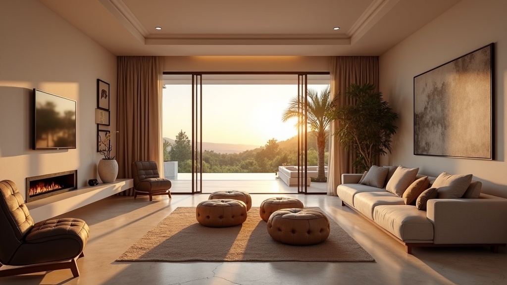 Luxury living room in Costa del Sol, natural light, modern design. Ideal for comparing properties and understanding temperatury Costa del Sol.
