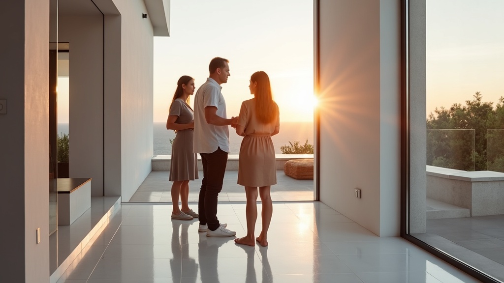 Property viewing in Costa del Sol for UK/Irish buyers. Agent highlights features, aiding comparison for Spanish capital gains tax foreign buyers.