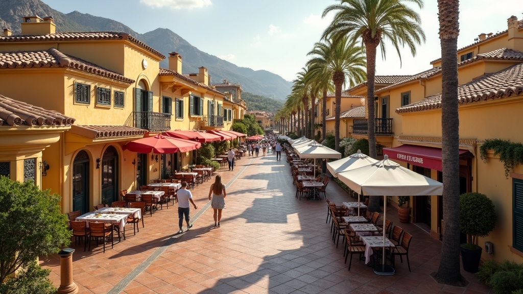 Ciesz się pięknym klimatem śródziemnomorskim Costa del Sol: uroczy plac otoczony tradycyjną architekturą i kawiarniami.