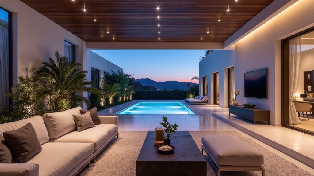 Luksusowe życie nad morzem Costa del Sol drugi dom: przestronny salon z eleganckim wyposażeniem i wyjściem na taras.