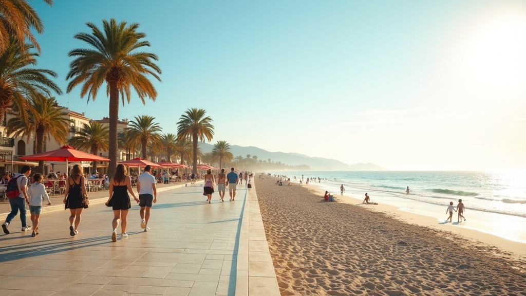 Morning stroll on Costa del Sol beach, palm trees & sea. Inspiring lifestyle near górskich szlaków in Costa del Sol.