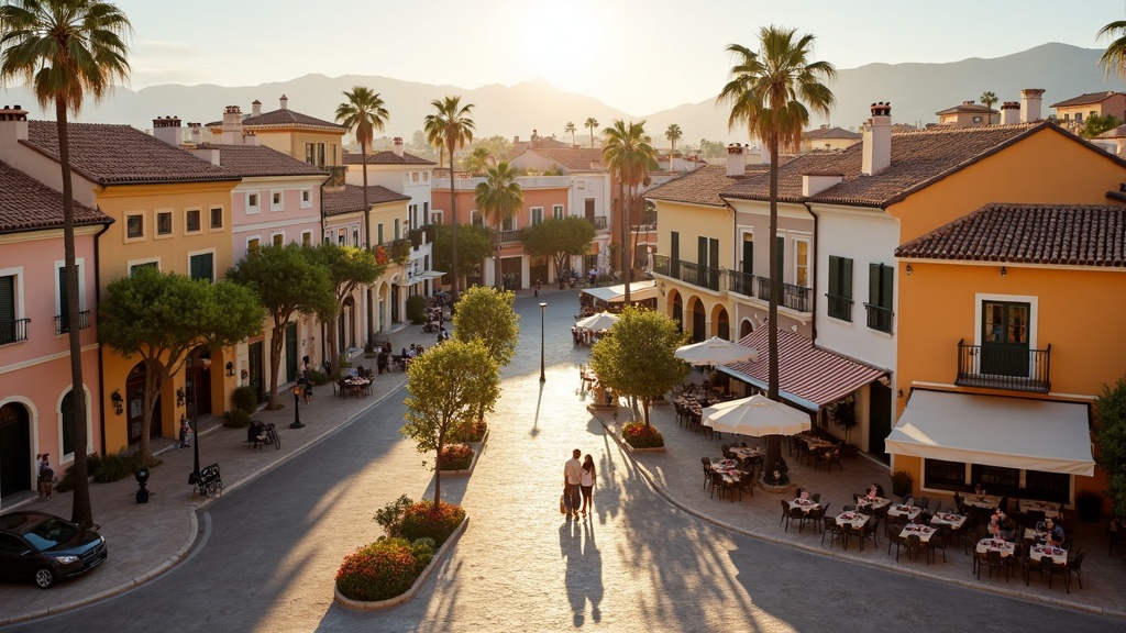 Charming Spanish plaza with traditional architecture and outdoor dining, showcasing the inspiring lifestyle outdoor Costa del Sol.