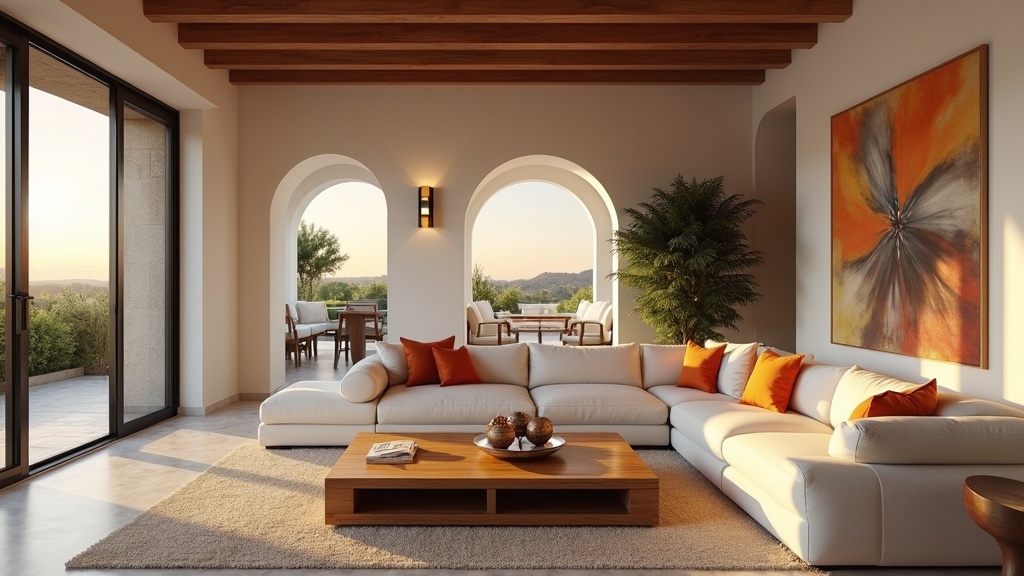 Luksusowy salon w willi na Costa del Sol: wnętrze z tarasem, łączące wellness i życie w otoczeniu natury.