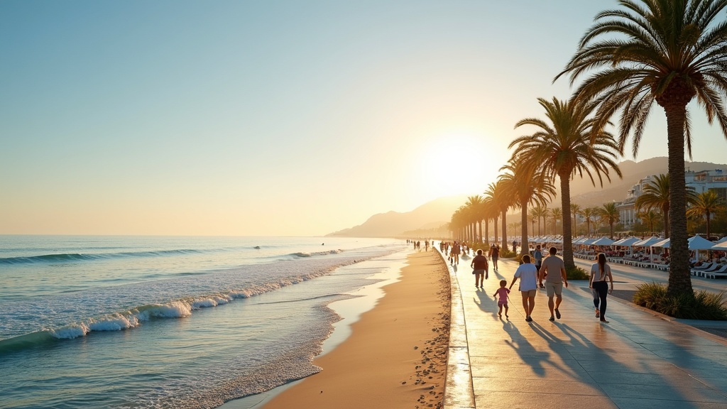 Godziny słońca Costa del Sol: Promenada z palmami, ludzie, morze, złote poranne światło. Idealne do życia!