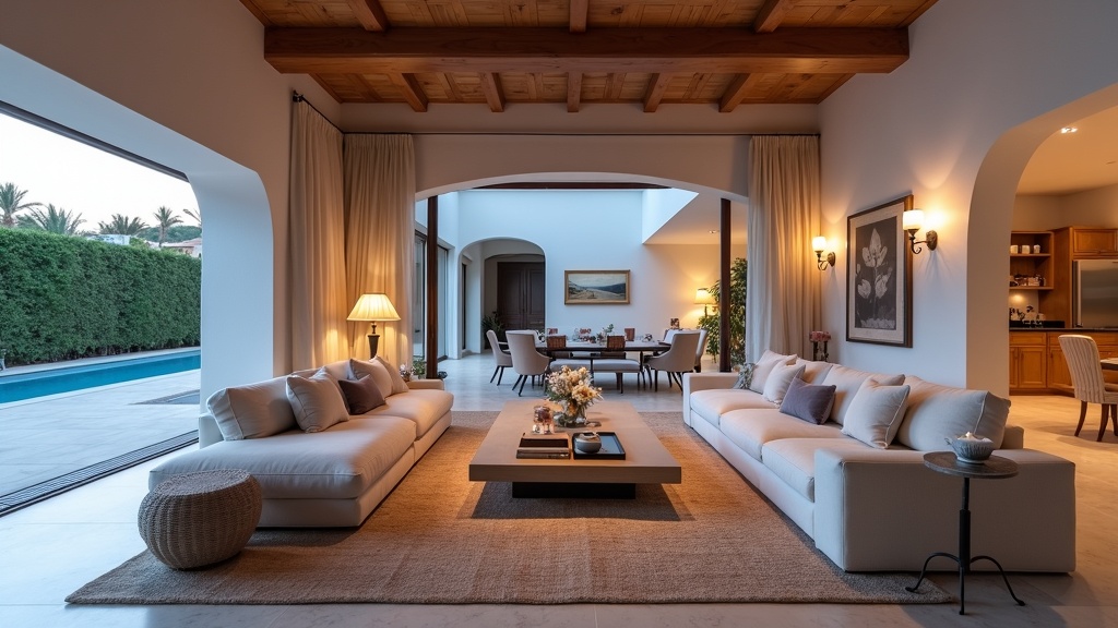 Luksusowy salon w willi na Costa del Sol, oświetlony blaskiem wieczoru. Idealne średnie nasłonecznienie i warunki pogodowe Andaluzji.