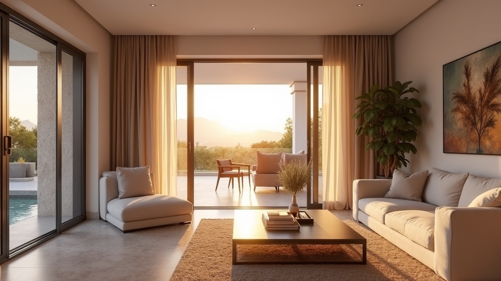 Luksusowy salon w willi na Costa del Sol: naturalne światło słońca, hiszpański design. Idealny klimat Costa del Sol i efektywność energetyczna.