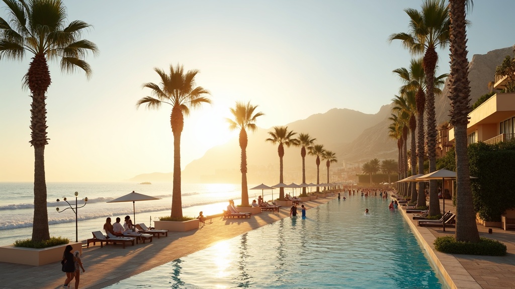 middelhavsklima Costa del Sol, 320 solskinsdage: Mennesker nyder morgensol på en palmefyldt strandpromenade ved Middelhavet.