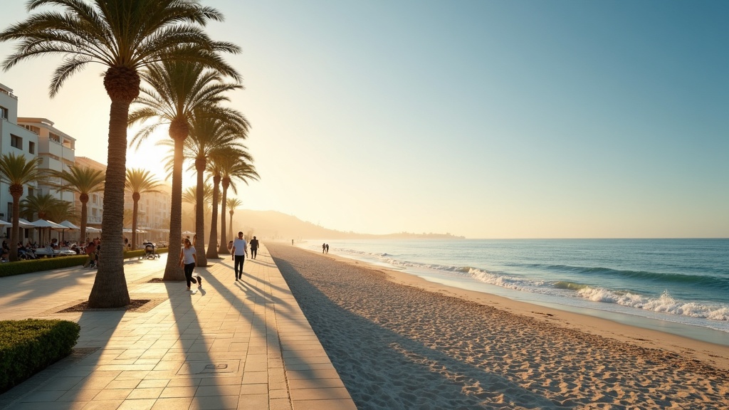 Livskvalitet ved Middelhavet: Strandpromenade i gullent lys. Sunn livsstil Costa del Sol.