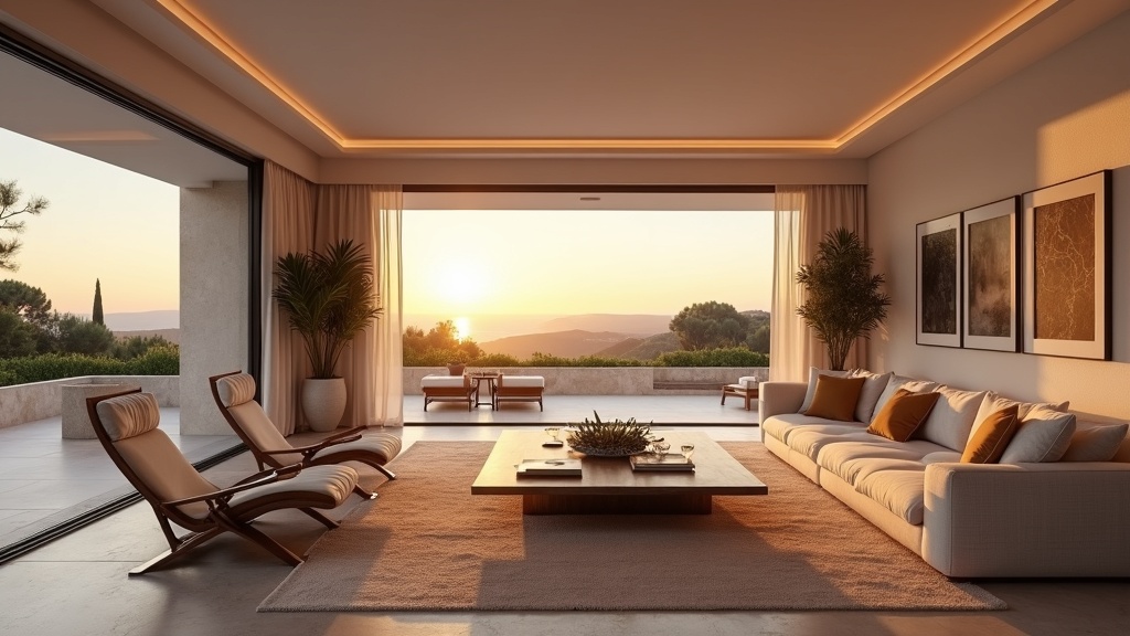 Luksuriøs stue i Costa del Sol med solnedgang, perfekt for en aktiv livsstil ved havet med vannsport og golf ved kysten.