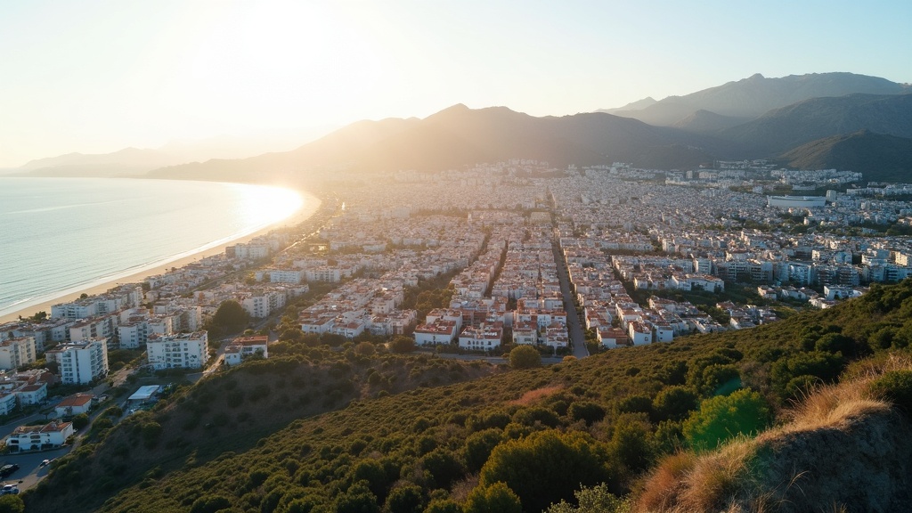 Panoramic Costa del Sol aerial: golden beaches, vibrant towns, and majestic mountains for ultimate wellness.