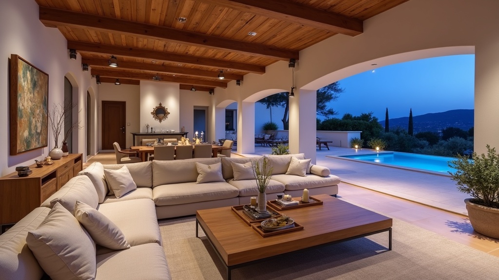 Rummeligt MOFU luksus spa hoteller Costa del Sol interiør med terrasse og smuk belysning.