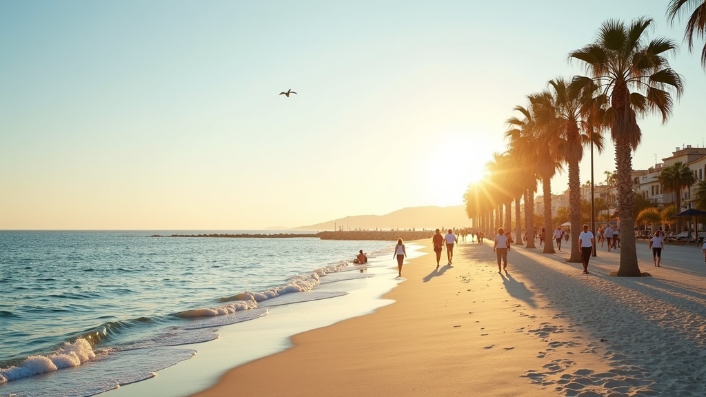 Parki naturalne Costa del Sol: promenada z palmami, morze, spacerowicze w porannym słońcu. Odkryj naturalne tereny Andaluzji.