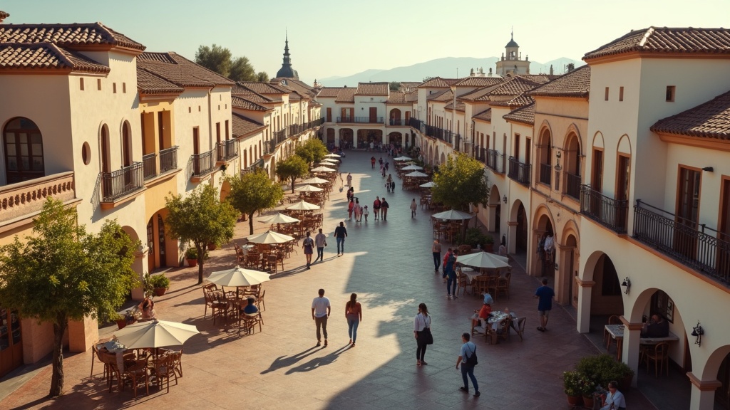 Charming Spanish plaza with outdoor dining, reflecting the active lifestyle and outdoor sports of Andalucia and hiking on Costa del Sol.