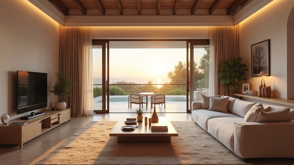 Luksusowe domy w otoczeniu natury Costa del Sol: przestronny salon z zachodem słońca, hiszpański design, taras, nieruchomości blisko natury.