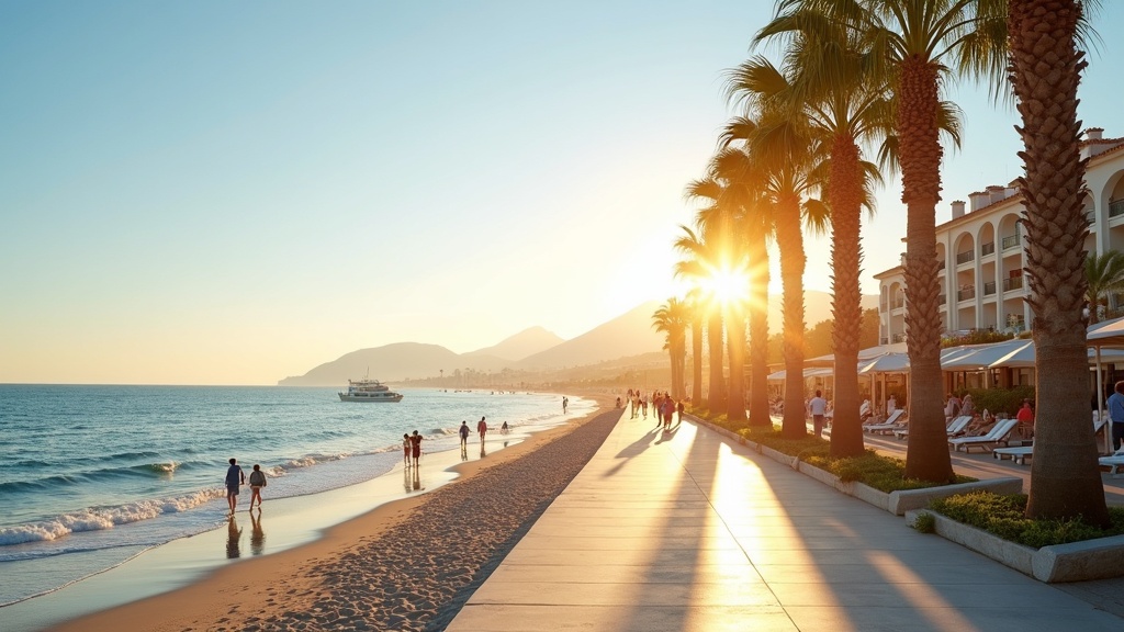 Morgonvandring på Costa del Sol: medelhavsklimat hälsosam livsstil med palmer, hav och gyllene ljus.