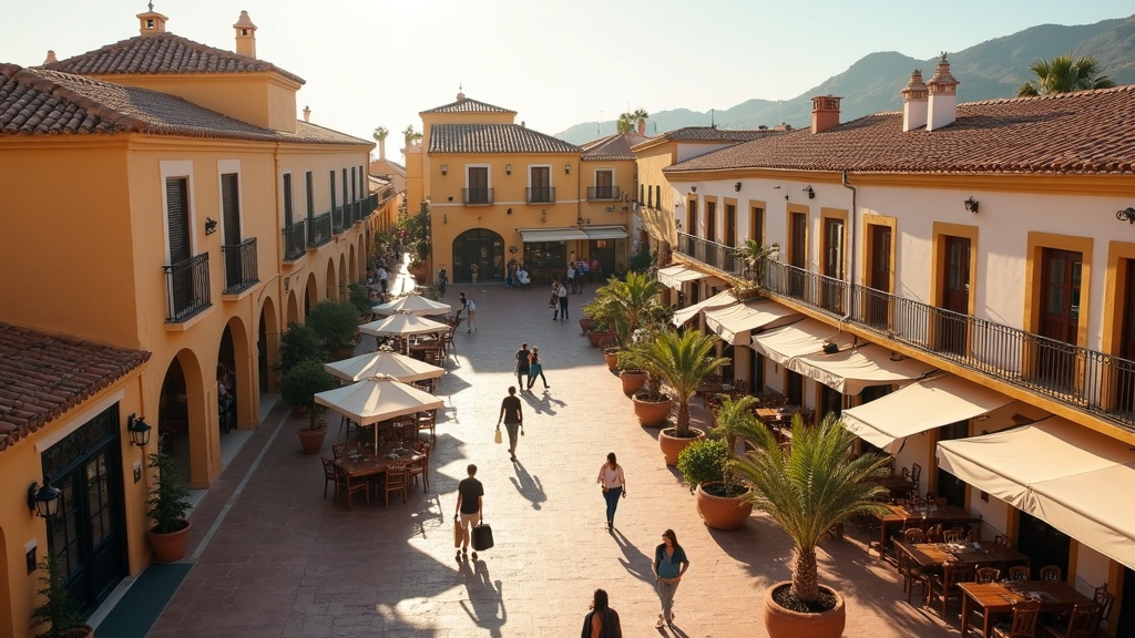 Utomhusaktiviteter året runt i Costa del Sol: Charmigt torg med uteserveringar i mjukt eftermiddagsljus – perfekt för golf & simning.