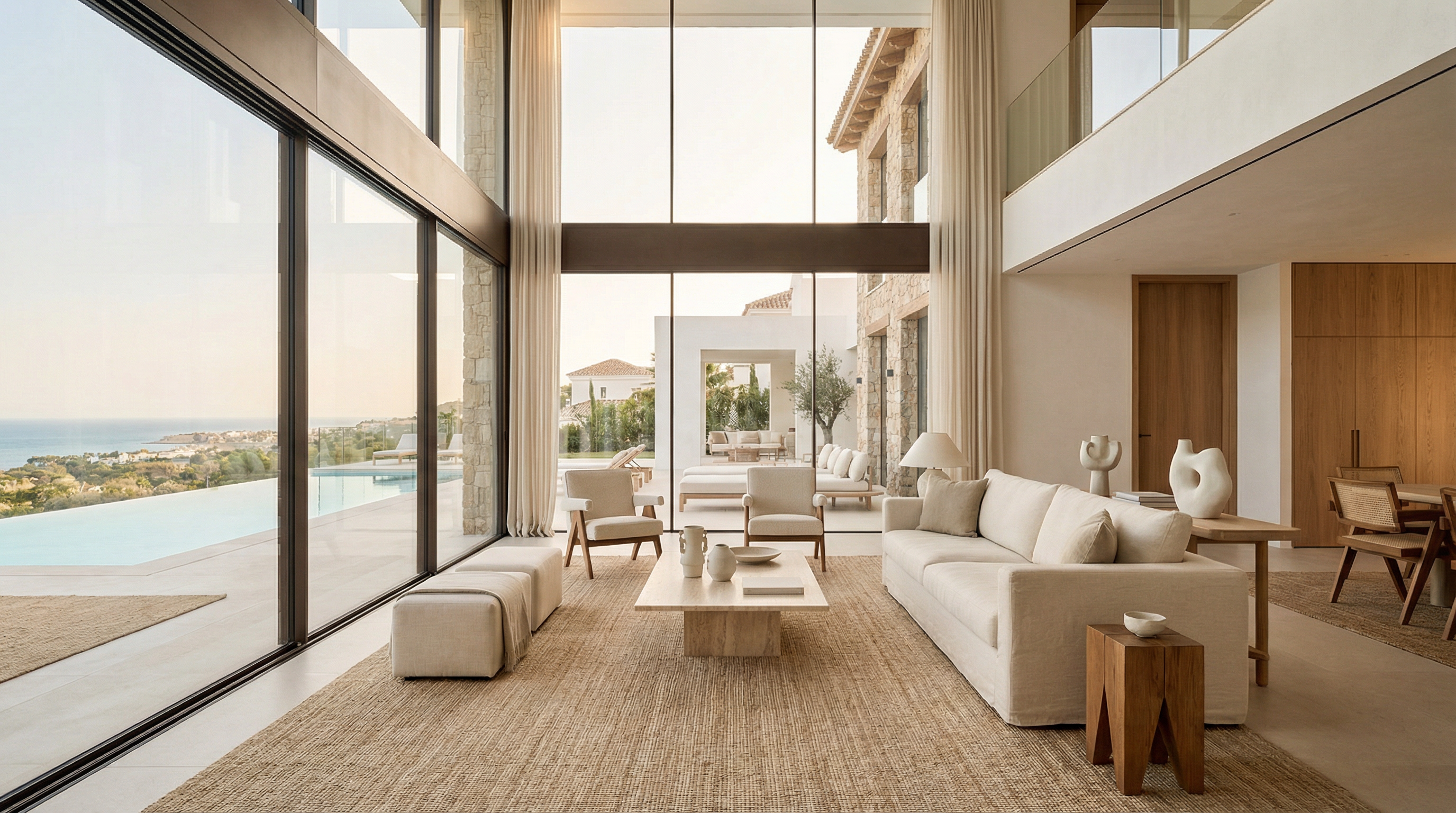 Moderni välimerellinen huvila Costa del Solilla esittelee eleganttia arkkitehtuuria, vehreitä puutarhoja ja rauhallisen ulkoterassin eloisan sinisen taivaan alla.