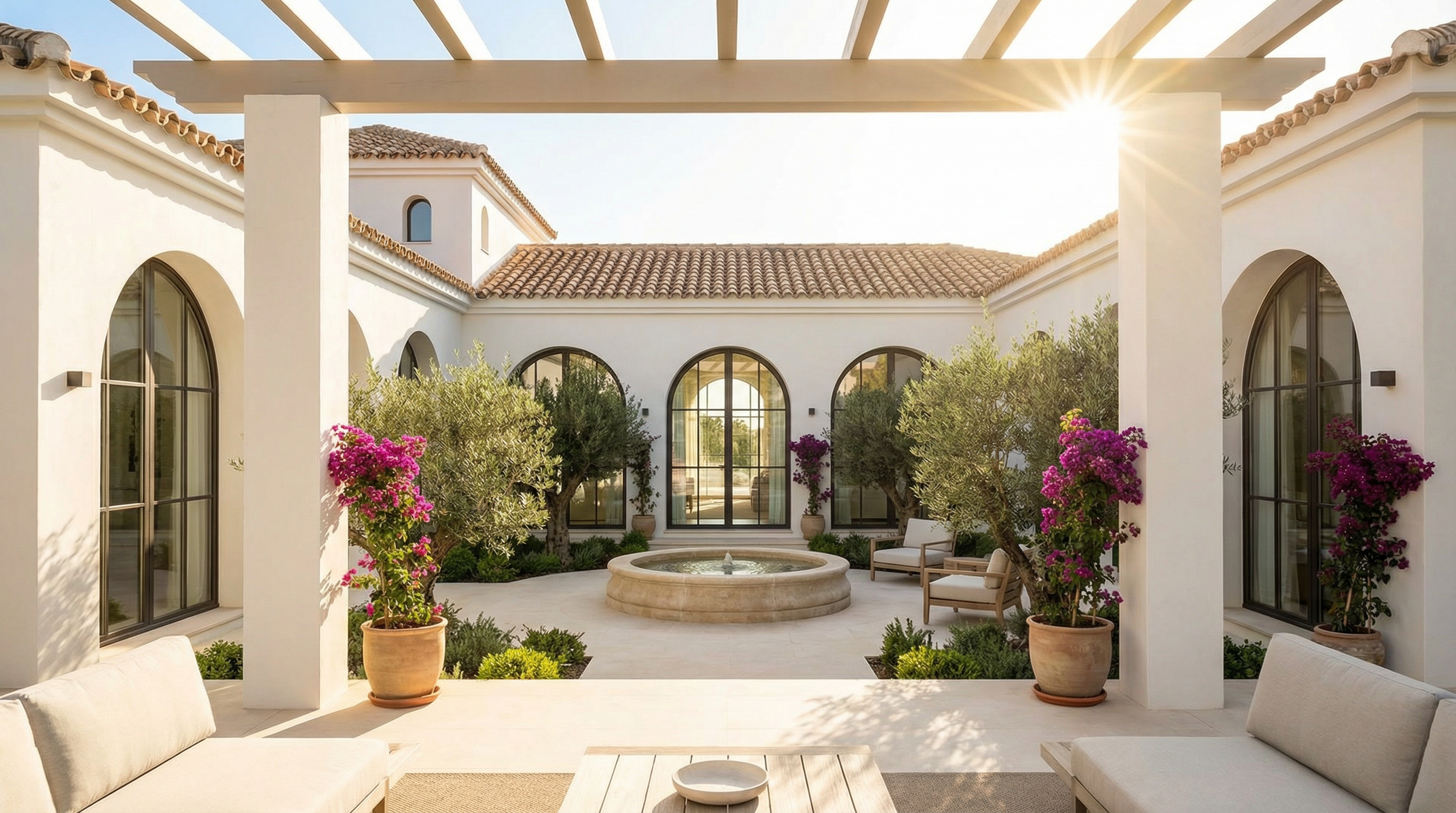 En modern medelhavsvilla på Costa del Sol, som visar elegant arkitektur, lummiga trädgårdar och en rofylld utomhusterrass under en livlig blå himmel.