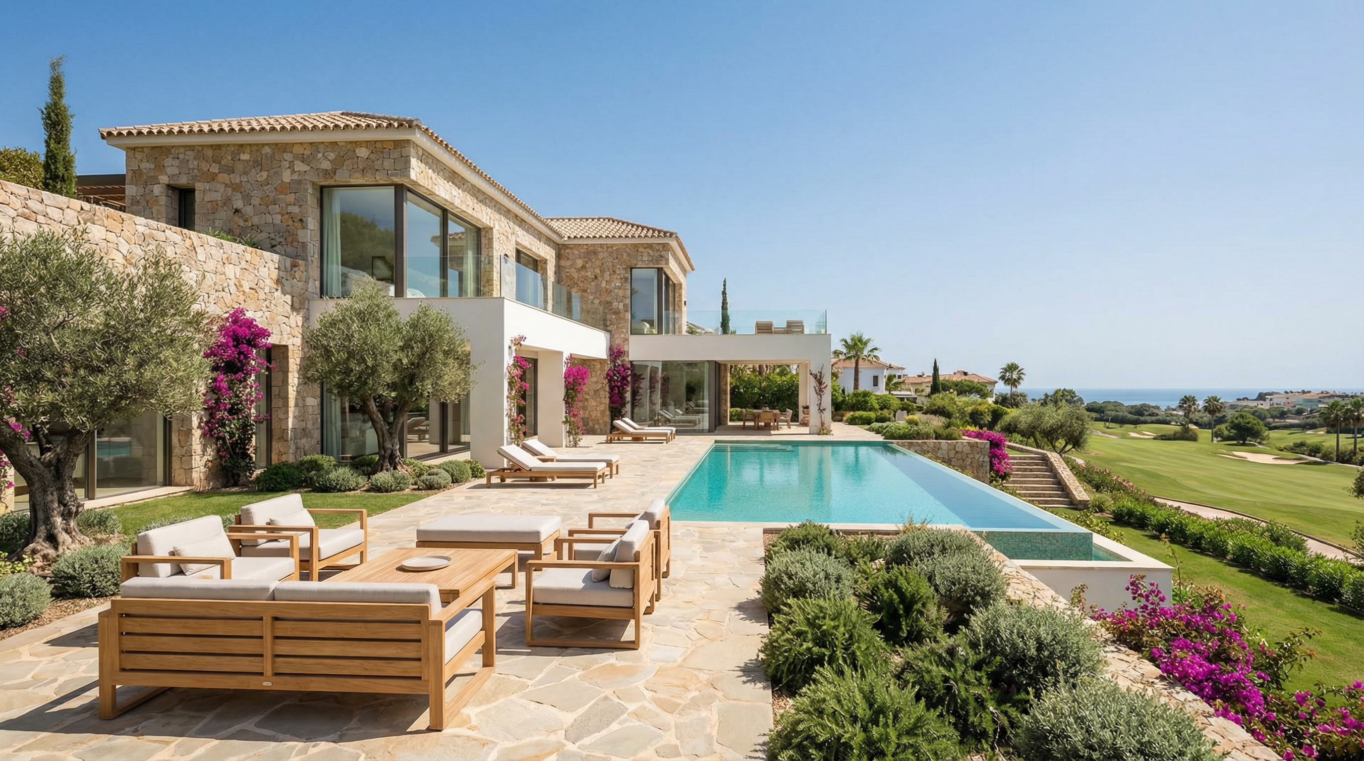 En moderne middelhavsvilla på Costa del Sol, der viser elegant arkitektur, frodige haver og en rolig udendørs terrasse under en levende blå himmel.
