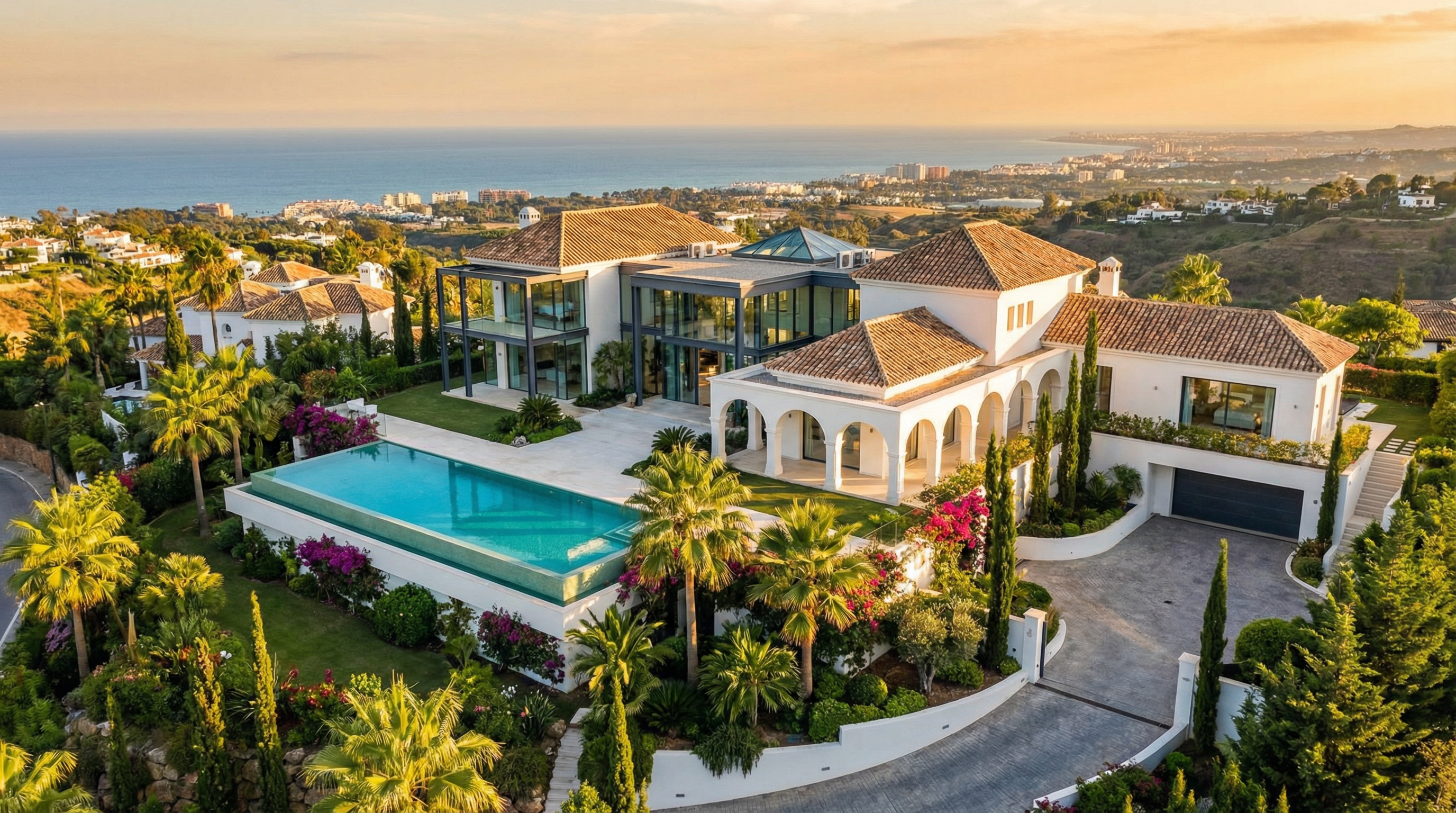 Luftaufnahme einer luxuriösen Villa in Marbella an der Costa del Sol, mit moderner Architektur, traditionellen spanischen Elementen und einer glitzernden Poollandschaft.