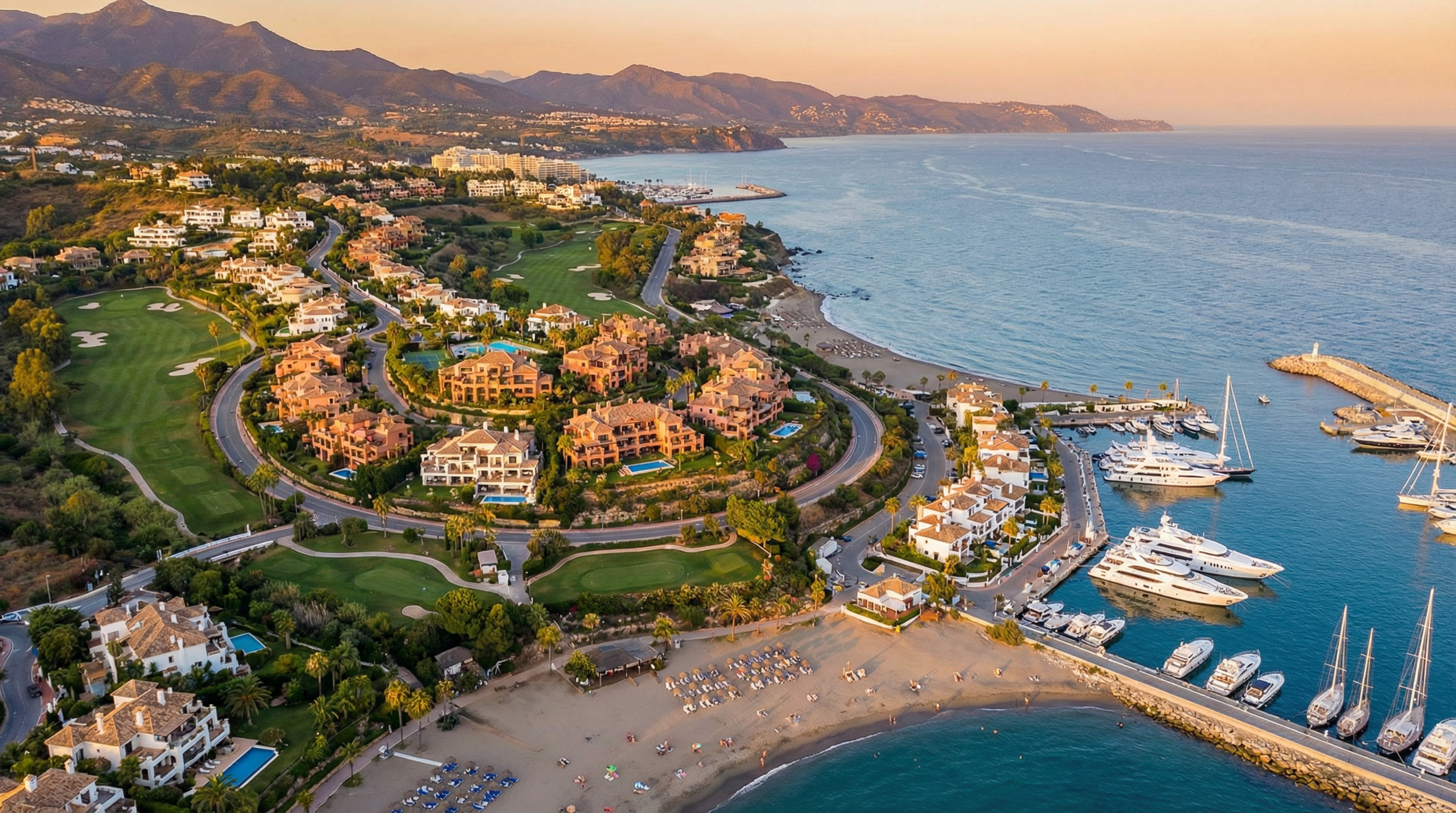 Luftaufnahme der luxuriösen Costa del Sol Küste mit exklusiven Villen, Golfplätzen und Yachten im warmen Licht der goldenen Stunde.