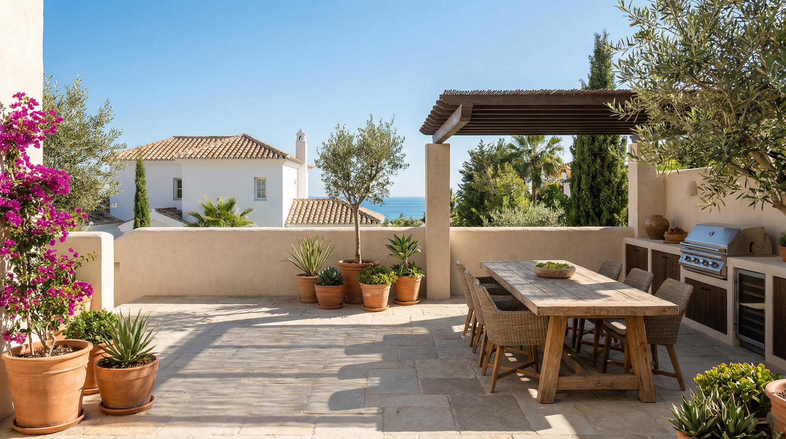 En moderne middelhavsvilla i Costa del Sol med elegant arkitektur, frodige haver og en fredfyldt udendørs terrasse under en livlig blå himmel.