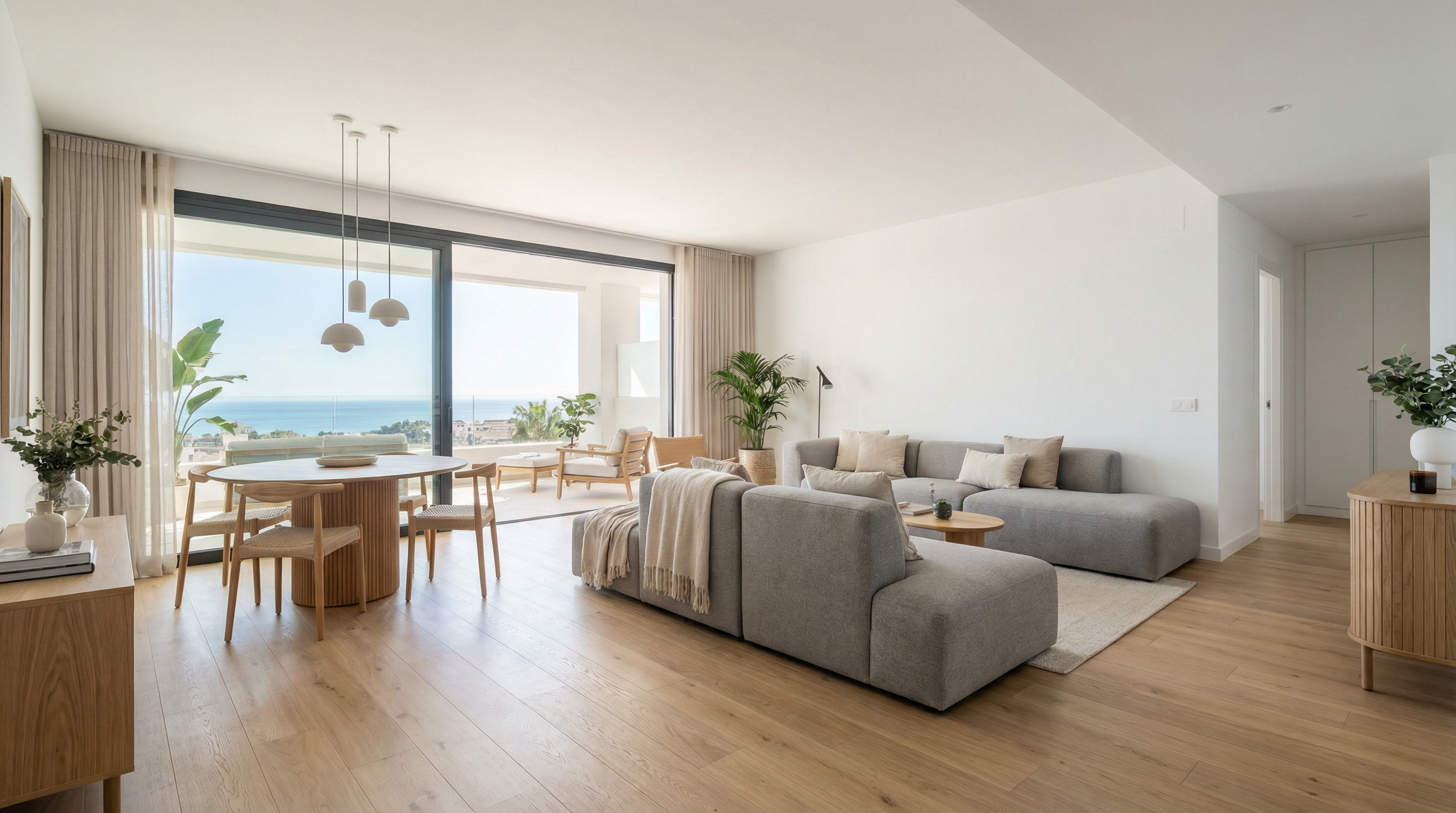 En moderne middelhavsvilla i Costa del Sol med elegant arkitektur, frodige haver og en rolig udendørs terrasse under en levende blå himmel.