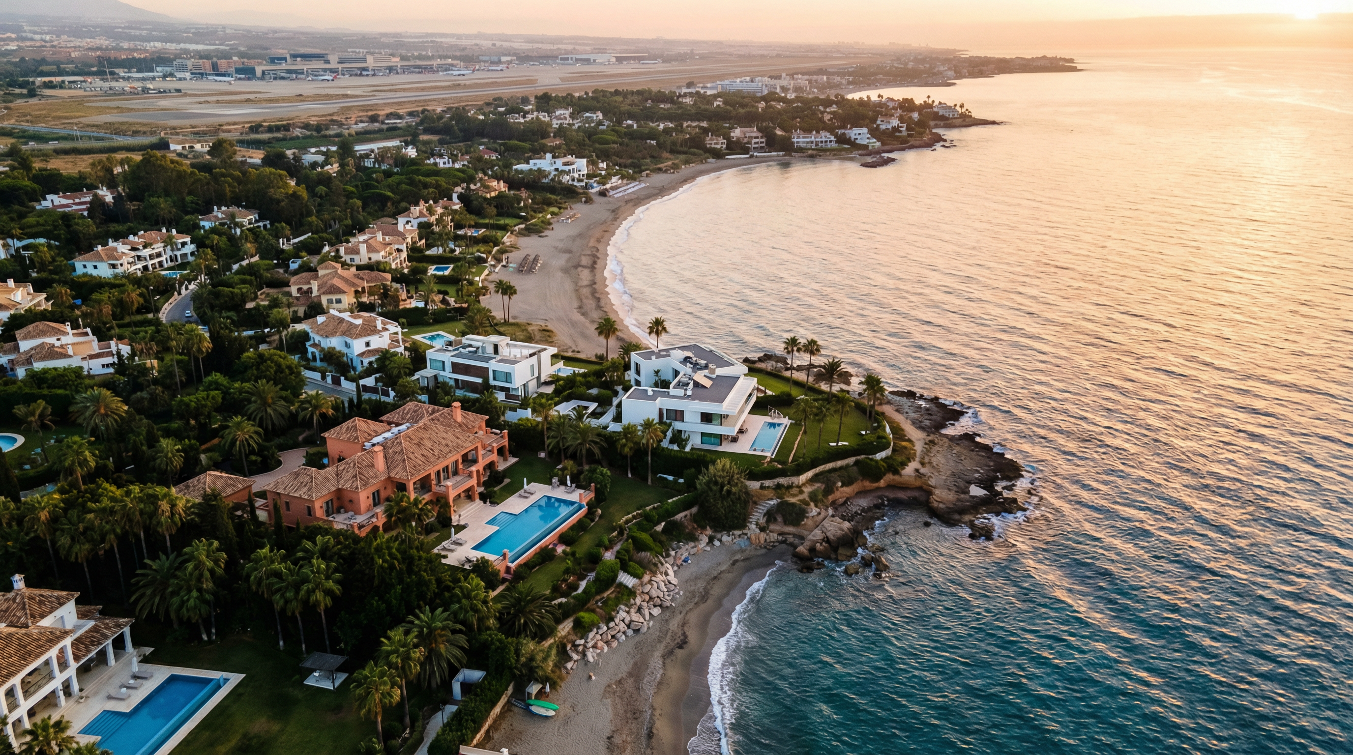 Aerial view of the Costa del Sol coastline with luxurious villas, modern architecture, and Málaga Airport in the distance, captured during golden hour.
