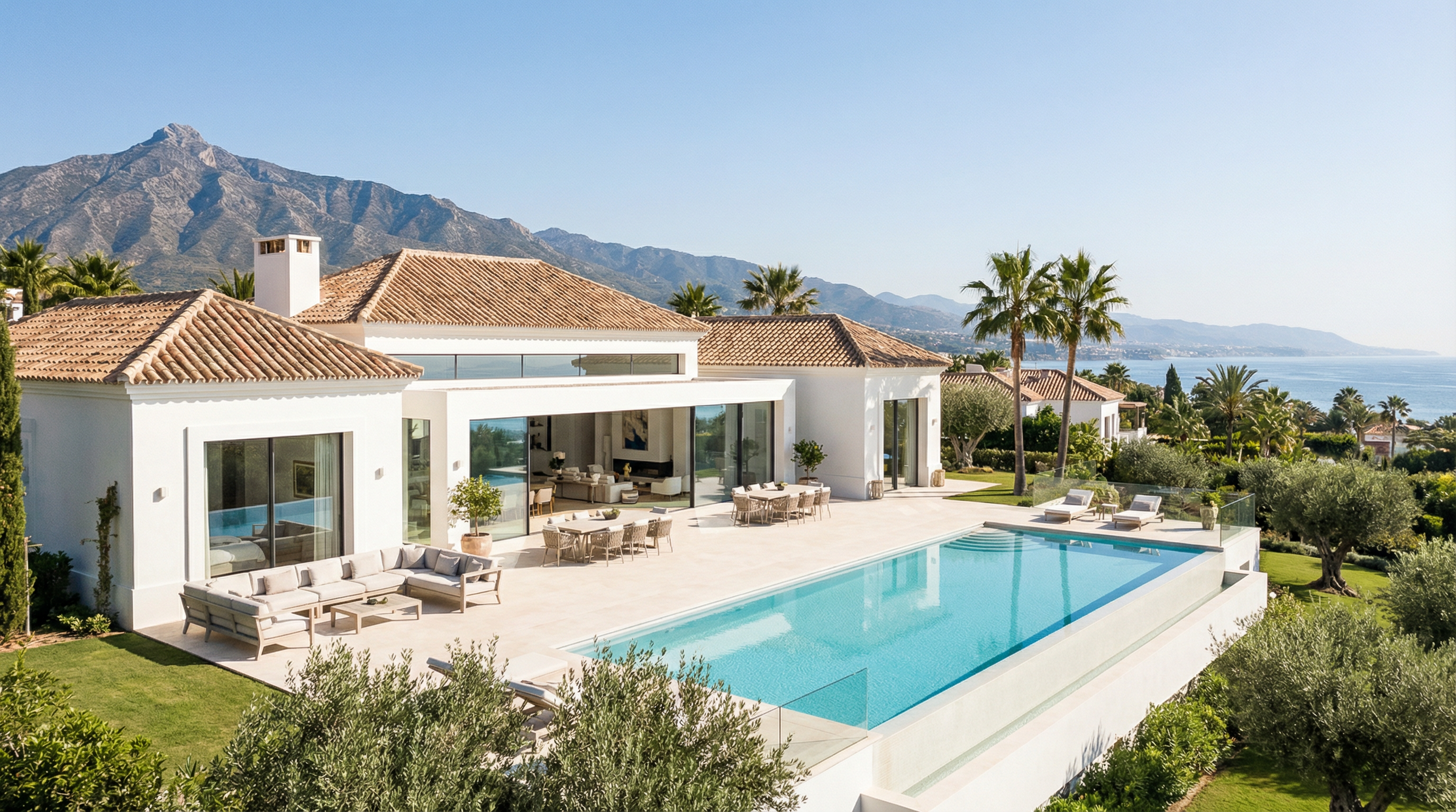 Une villa méditerranéenne moderne sur la Costa del Sol, présentant une architecture élégante, des jardins luxuriants et une terrasse extérieure sereine sous un ciel bleu éclatant.