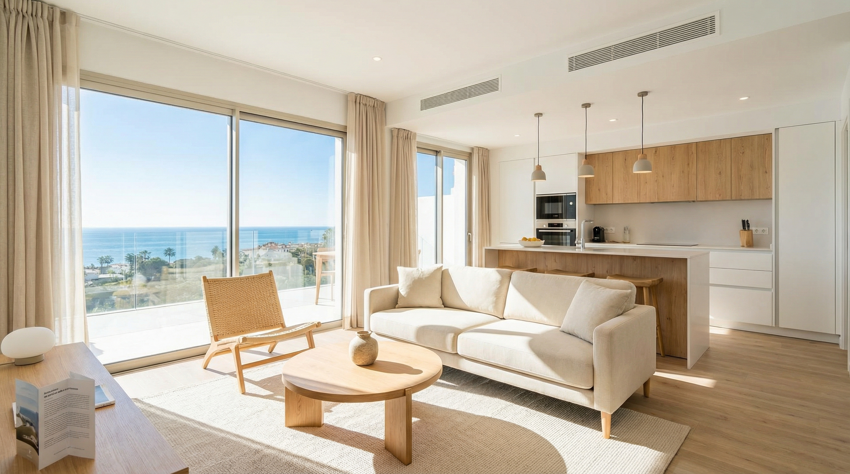 Egy modern mediterrán villa a Costa del Solon, elegáns építészettel, buja kertekkel és egy nyugodt szabadtéri terasszal a ragyogó kék ég alatt.