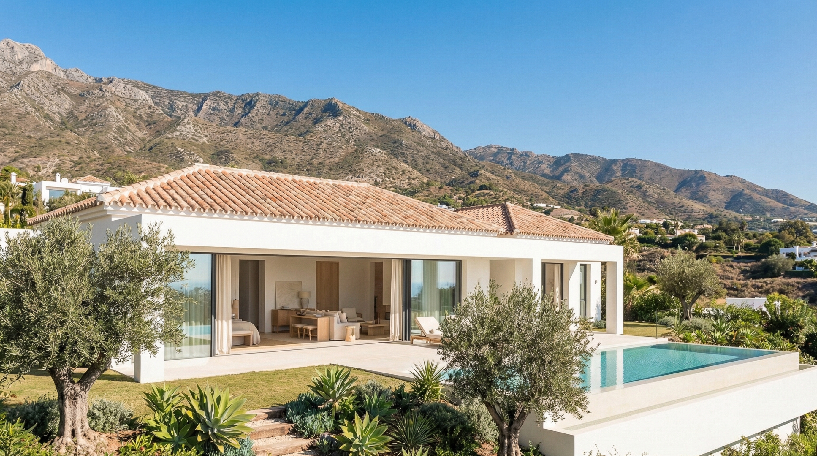 Moderni Välimeren huvila Costa del Solissa esittelemässä eleganttia arkkitehtuuria, vehreitä puutarhoja ja rauhallisen ulkoterassin eloisan sinisen taivaan alla.