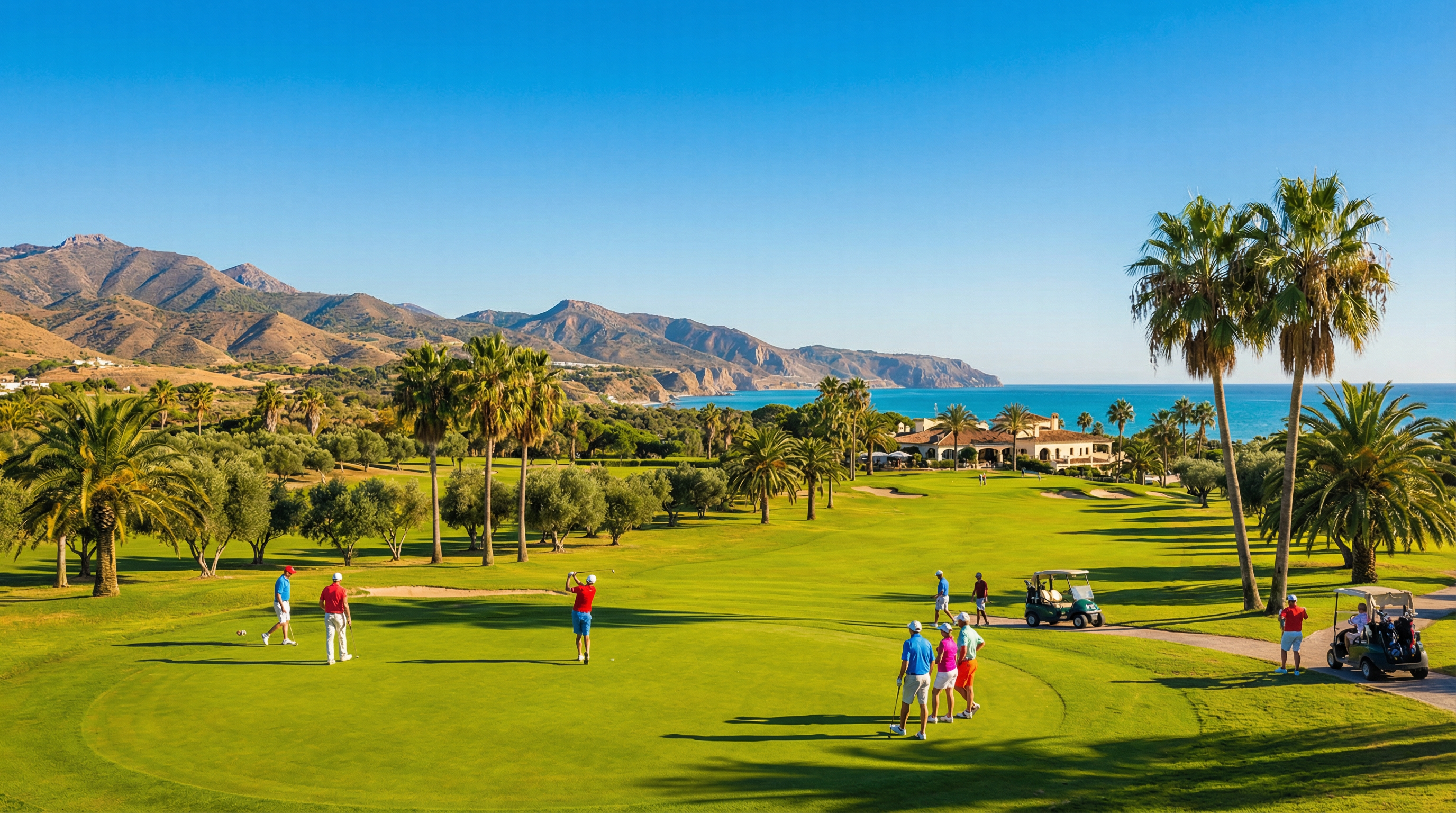 Golfaajia nauttimassa auringosta Costa del Solin golfkentällä, taustalla palmupuita ja Välimeren rannikko.
