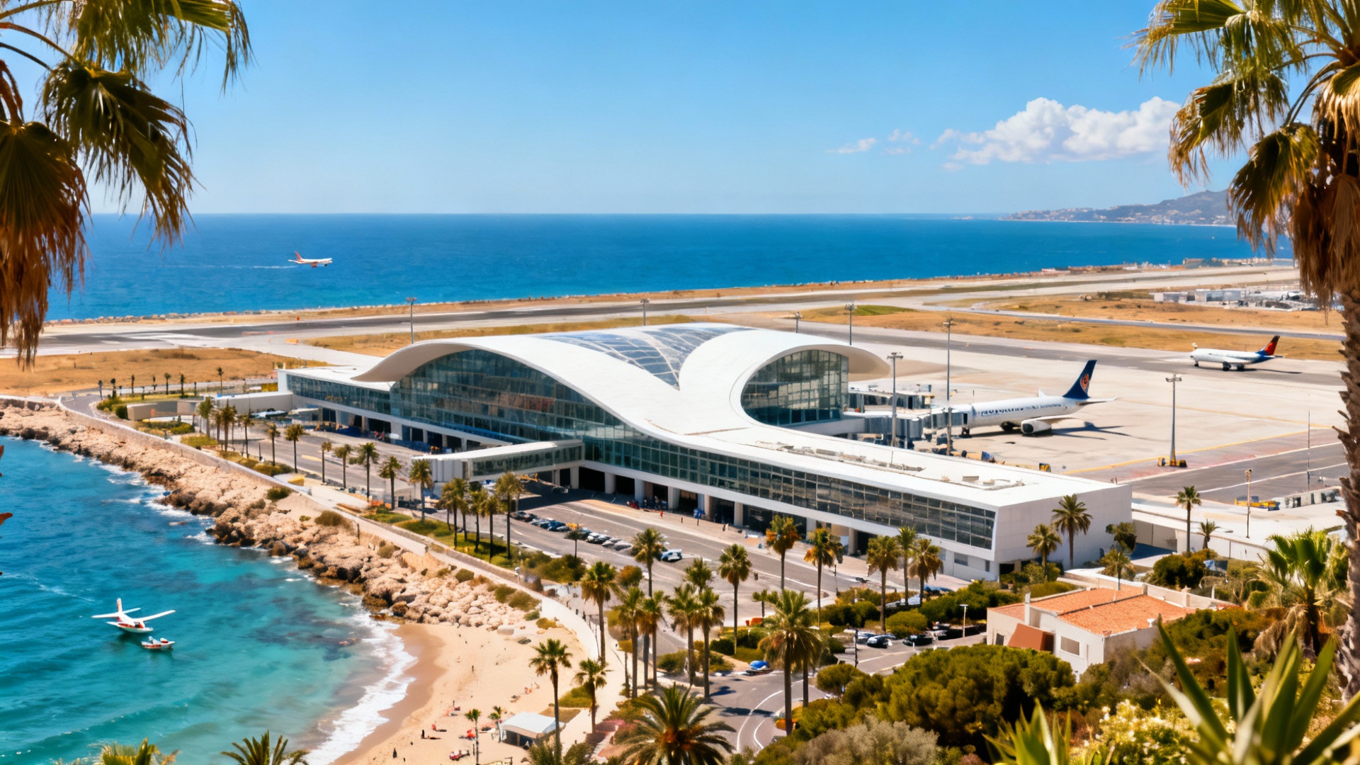 Widok z lotu ptaka na nowoczesne lotnisko w Maladze, otoczone palmami i plażami Costa del Sol, z błękitnym niebem i Morzem Śródziemnym.