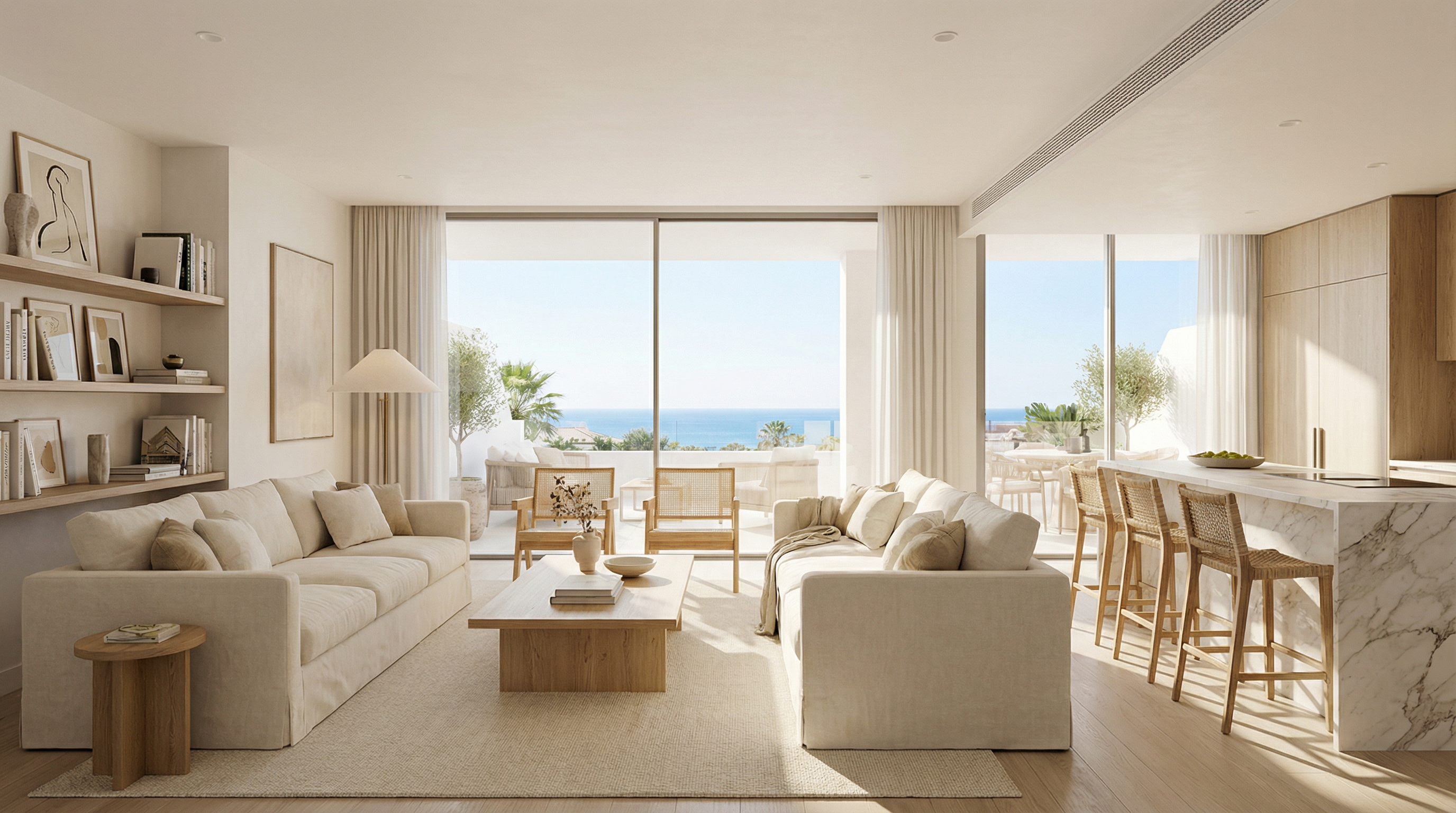 Une villa méditerranéenne moderne sur la Costa del Sol, présentant une architecture élégante, des jardins luxuriants et une terrasse extérieure sereine sous un ciel bleu éclatant.