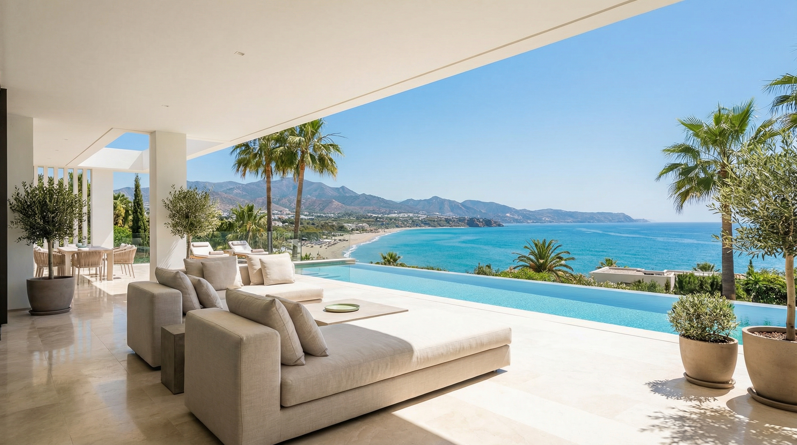 Une villa méditerranéenne moderne sur la Costa del Sol, avec une architecture élégante, des jardins luxuriants et une terrasse extérieure sereine sous un ciel bleu éclatant.