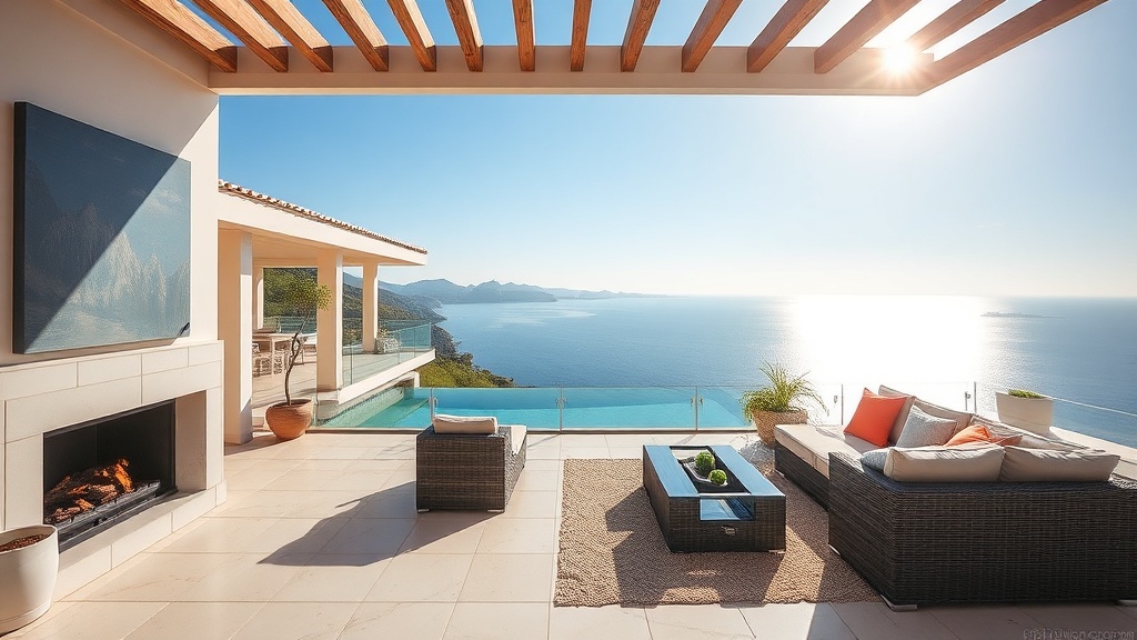 Panoramiczny widok na wybrzeże Costa del Sol z górami i Morzem Śródziemnym z luksusowego tarasu