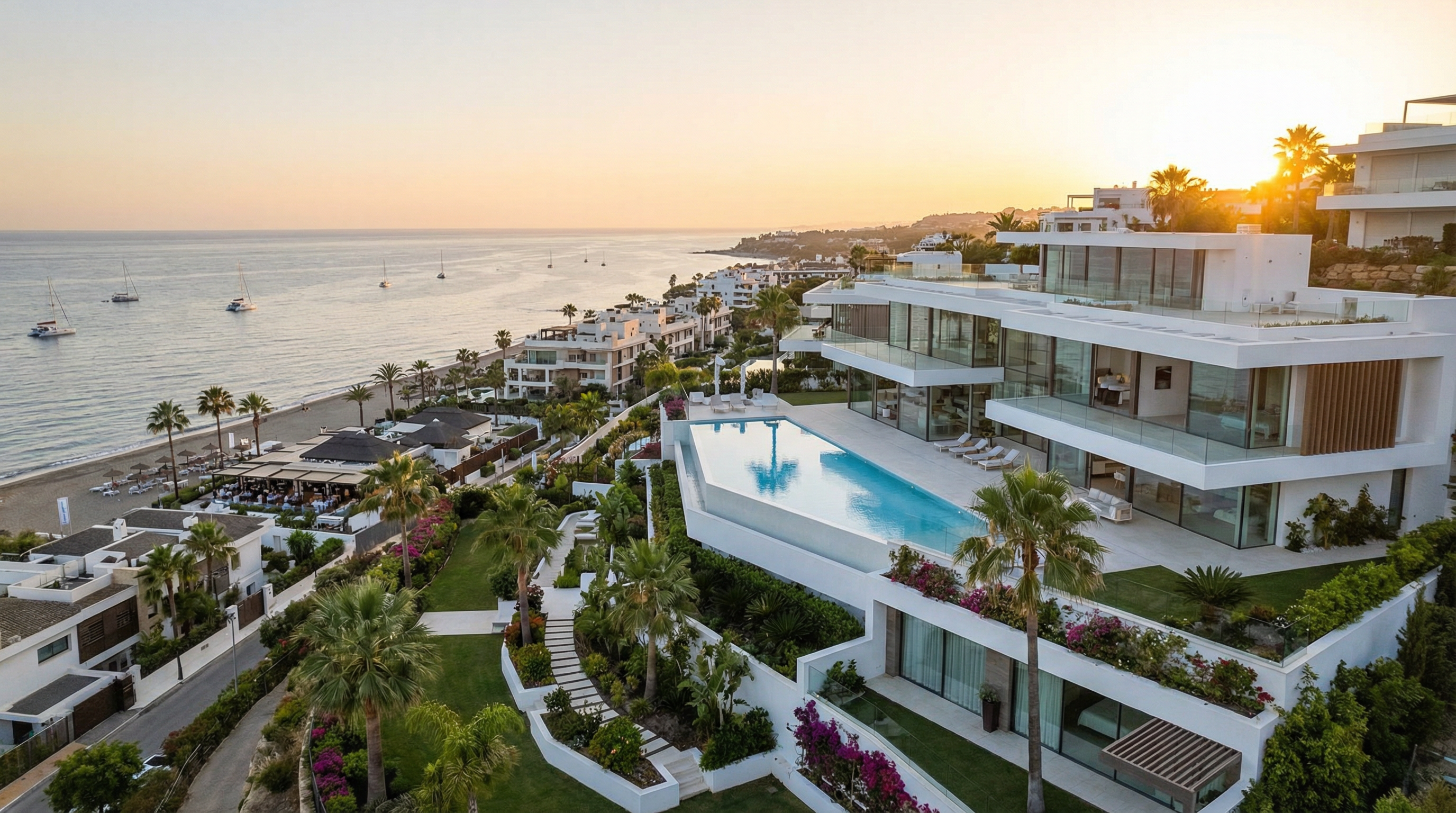 Upeasta ilmakuvasta näkyy moderni luksusasunto Costa del Solilla, jossa on suuria lasiseiniä ja infinity-uima-allas merinäköalalla.