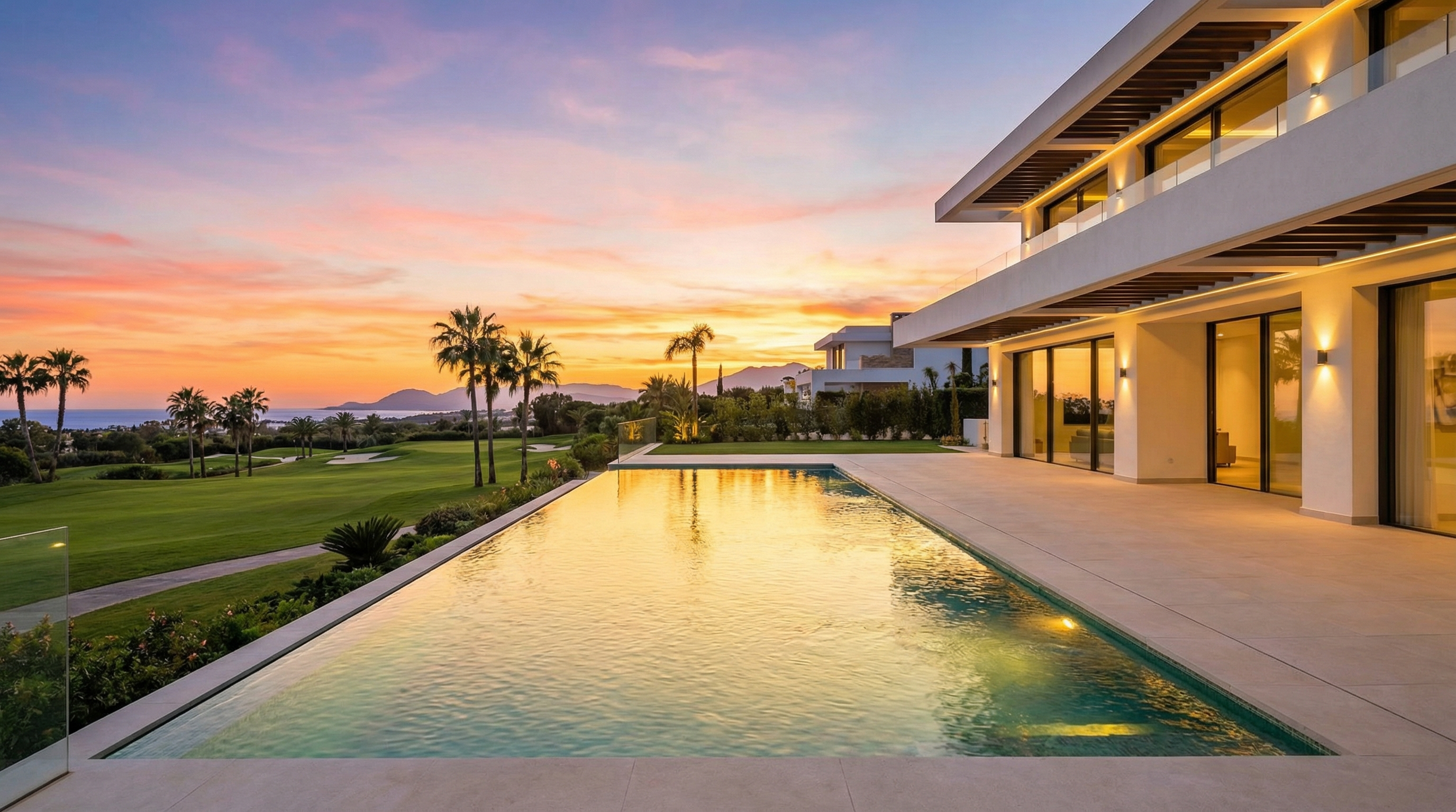 Eleganter Golfplatz an der Costa del Sol mit gepflegten Greens, Palmen und einer luxuriösen Villa mit Infinity-Pool bei Sonnenuntergang.