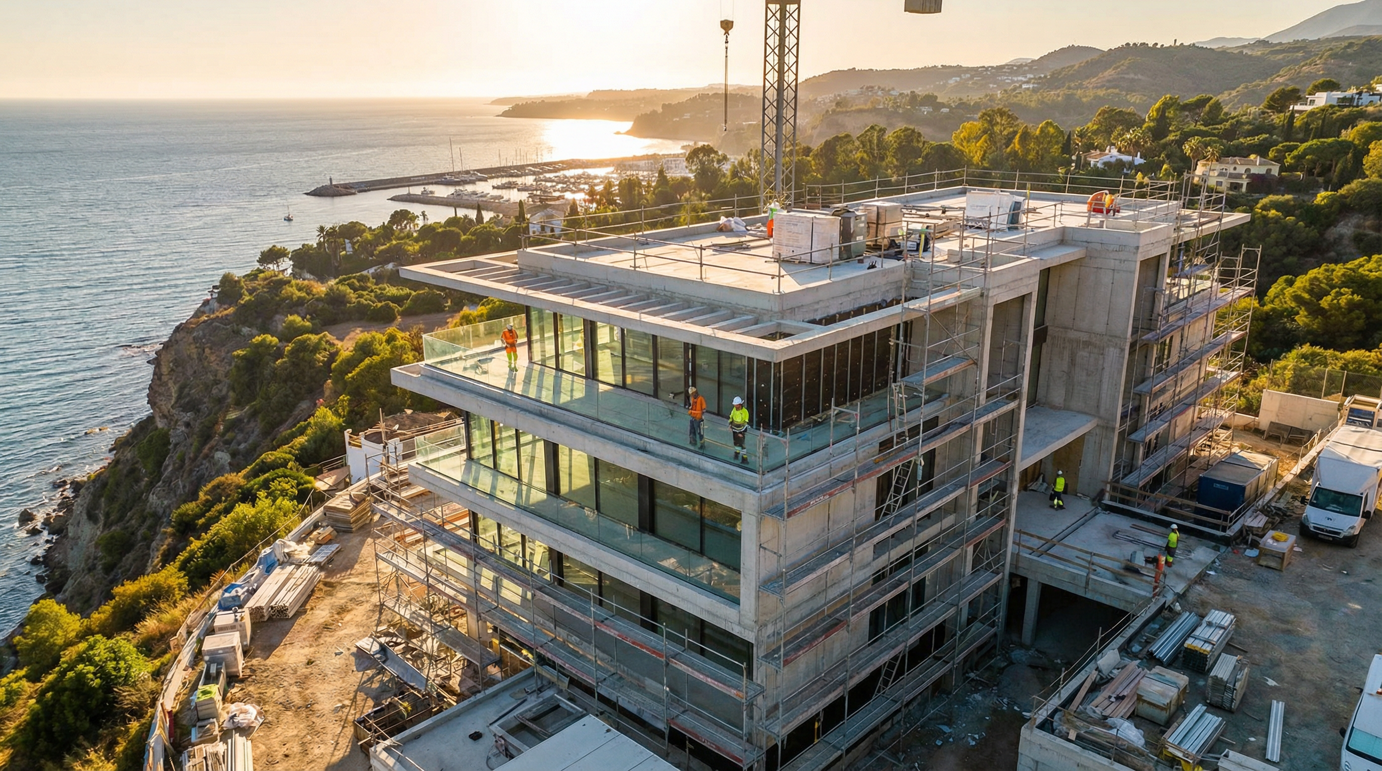 A modern off-plan property under construction on the Costa del Sol, showcasing sleek architecture, Mediterranean views, and lush landscapes.