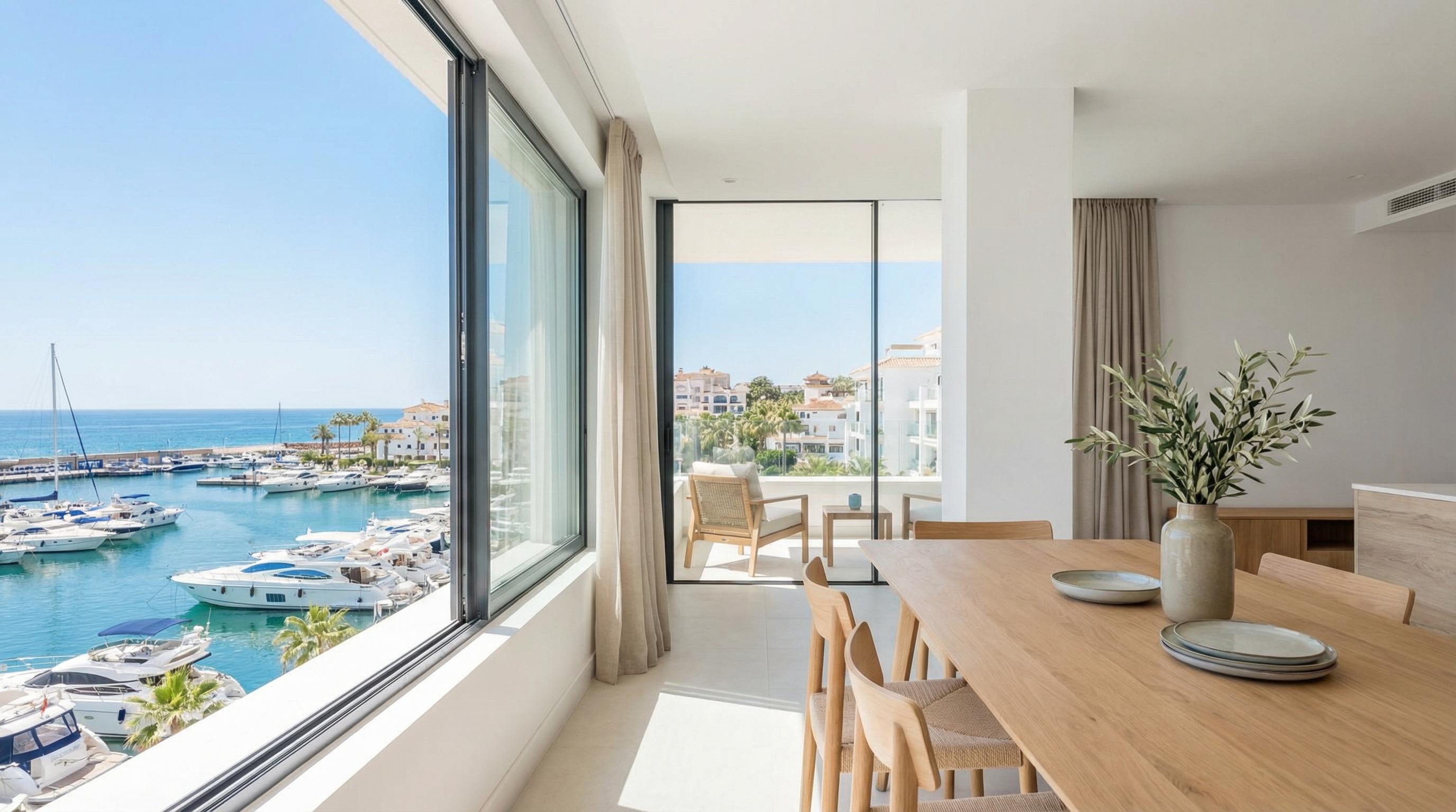 En modern medelhavsvilla på Costa del Sol med elegant arkitektur, frodiga trädgårdar och en lugn utomhusterrass under en klarblå himmel.