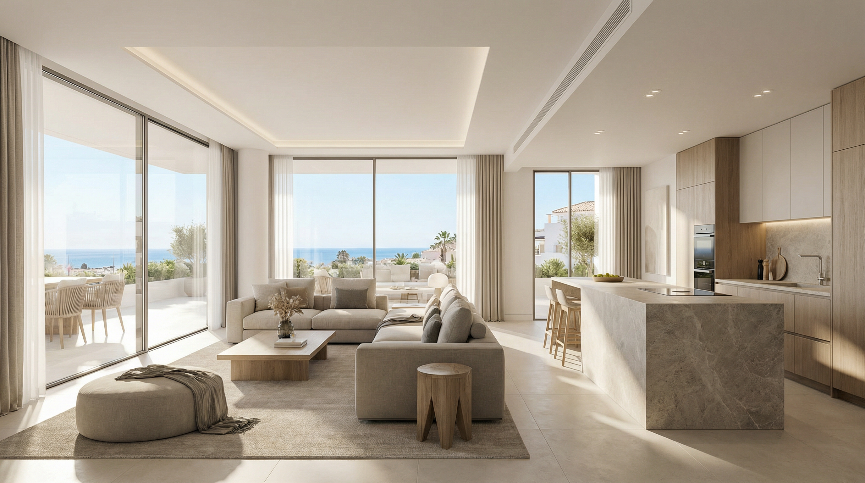 Eine moderne mediterrane Villa an der Costa del Sol mit eleganter Architektur, üppigen Gärten und einer ruhigen Außenterrasse unter strahlend blauem Himmel.